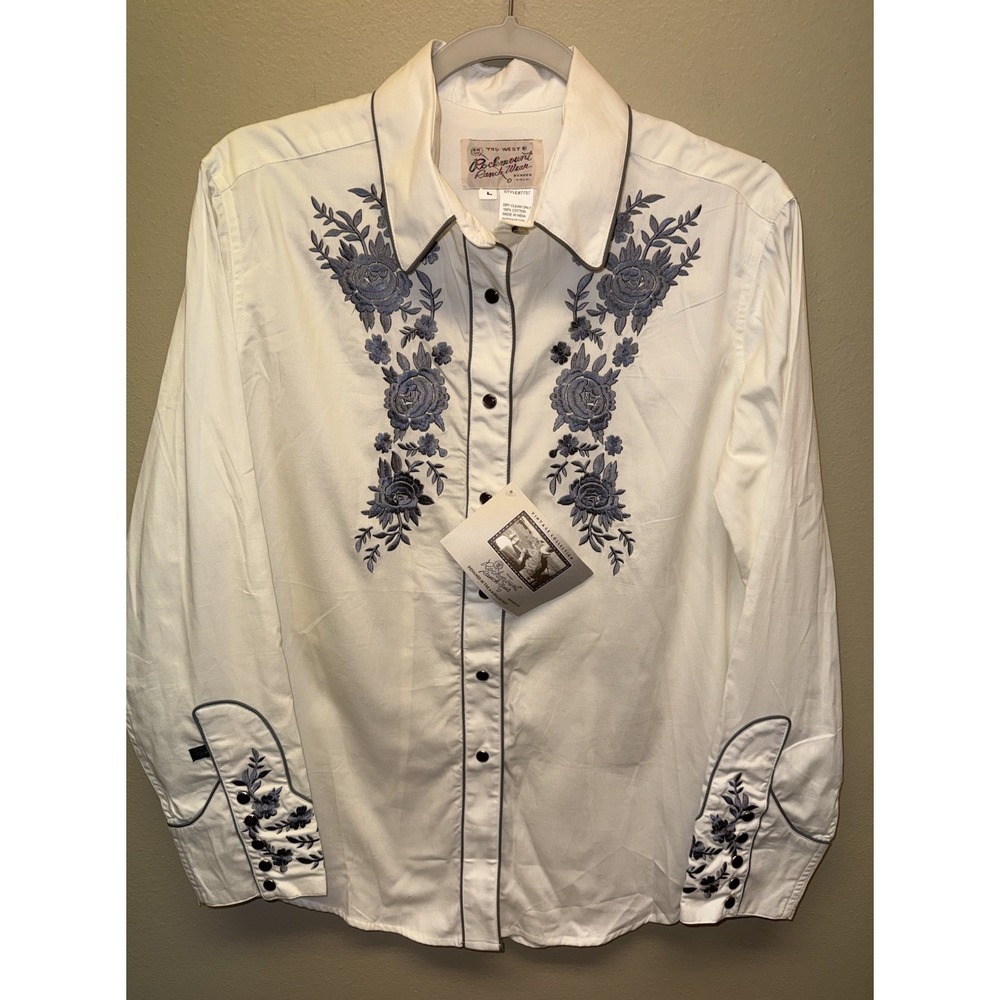 Rockmount Ranch Wear Floral Embroidered Western Pearl Snap Shirt Size Large